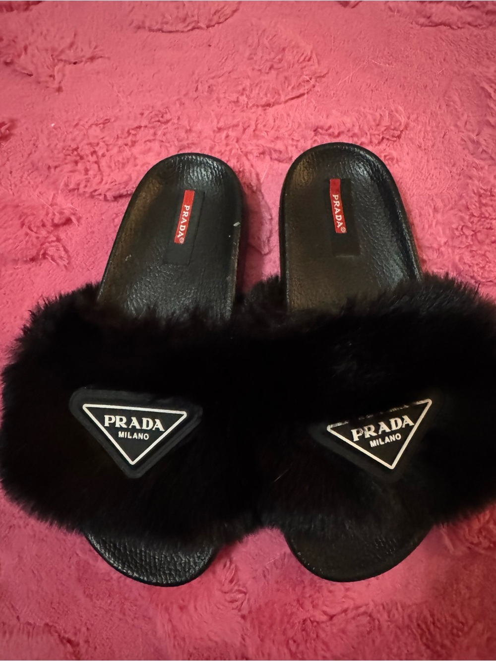 Prada Black Fur Slide Sandals for Women